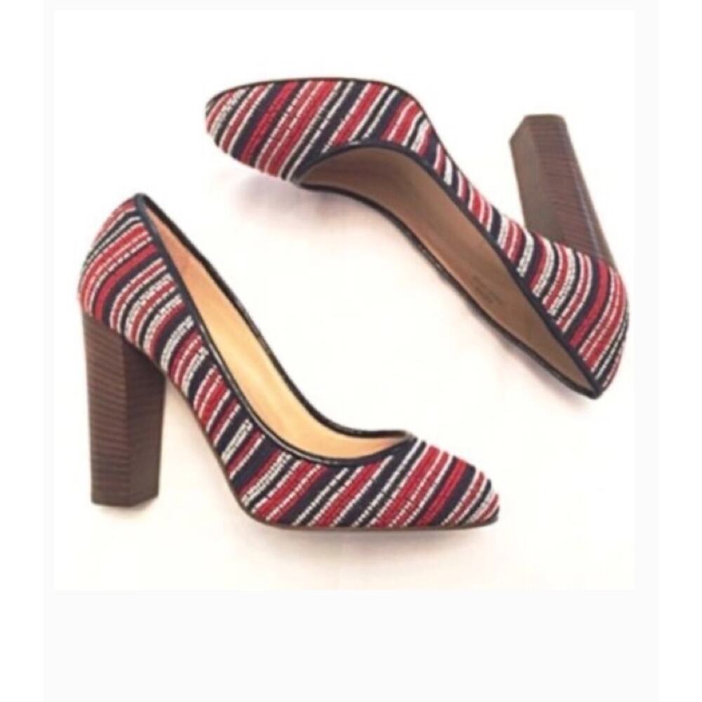 J. Crew Etta Bead Stitch Red White Blue Striped Pumps Block Heel Sz 10